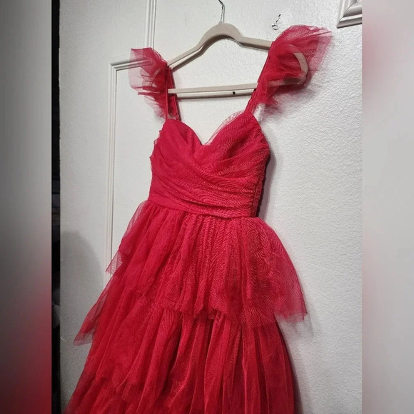 Lulus Fabulous Poise Bright Red Tulle Ruffled Tiered Maxi Dress Party Prom - Picture 9 of 11